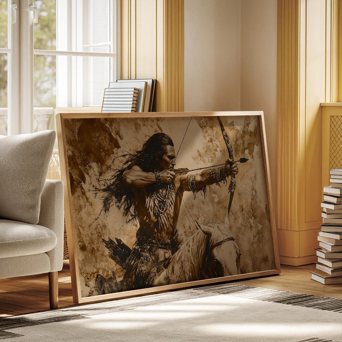 Native Warrior Archer On Horseback, Rustic Boho Wall Art