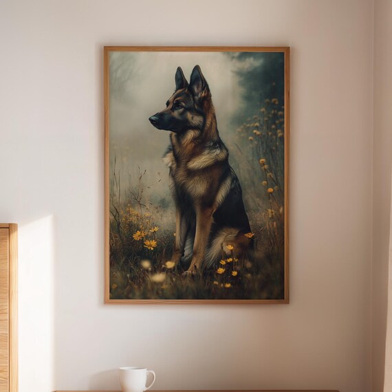 German Shepherd Autumn Wildflowers Noble Dog Portrait Art Poster