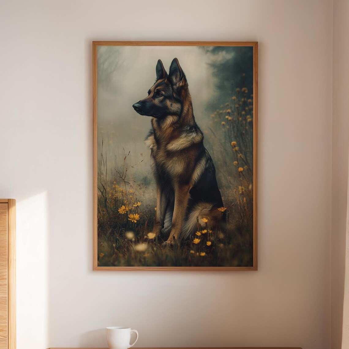 German Shepherd Autumn Wildflowers Noble Dog Portrait Art Poster