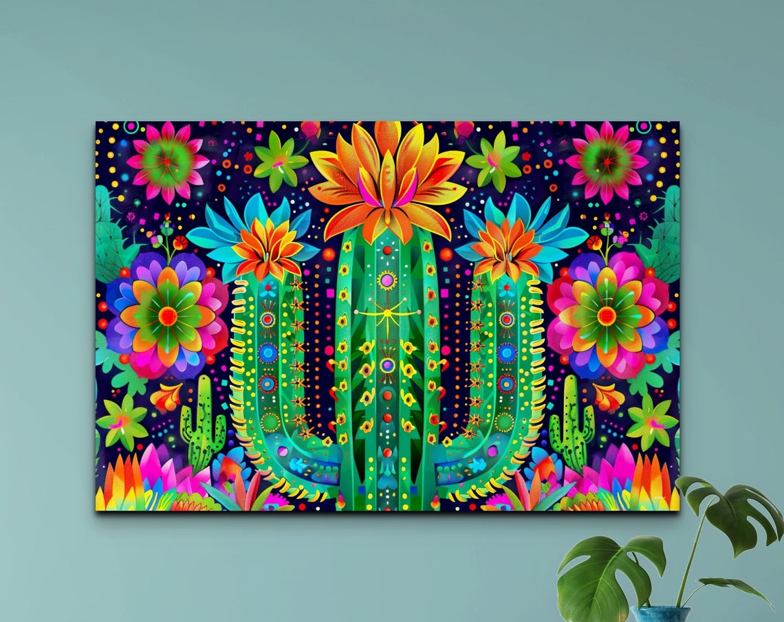 Neon Blooming Cactus Psychedelic Flowers Dark Background Wall Print
