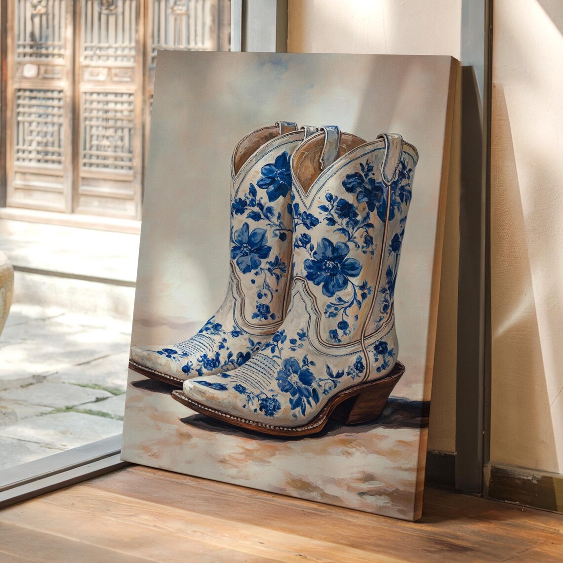 Blue And White Floral Delft Style Cowboy Boots Painting Poster