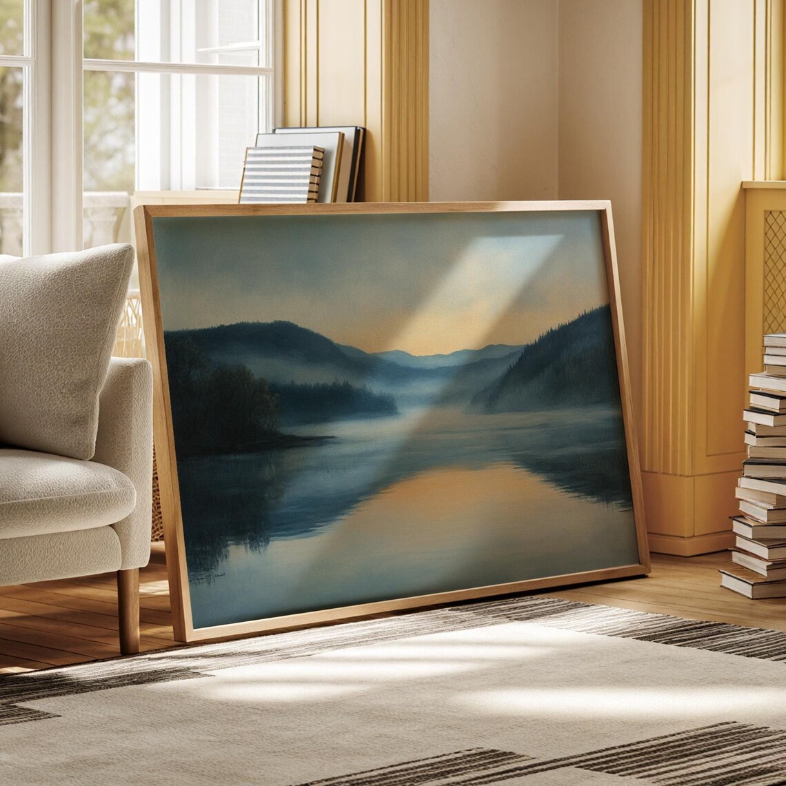 Misty Lake Sunrise Art Blue And Yellow Mountain Landscape Wall Decor
