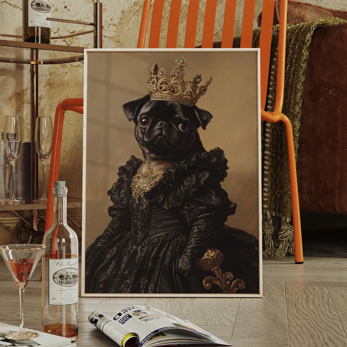 Regal Black Pug In Ornate Gold Crown And Black Velvet Gown Poster