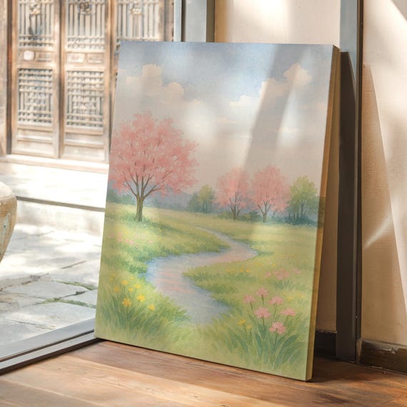 Cherry Blossom Stream Canvas Art Soft Pastel Spring Landscape Wall Decor Peaceful Watercolor Floral Meadow Poster