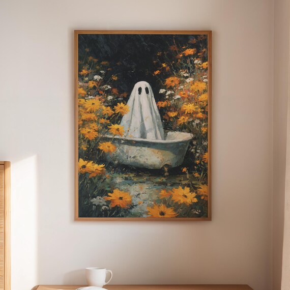 In Bathtub Canvas Wall Art Spooky Halloween With Wildflowers Creepy Cute Haunted Artwork For Seasonal Home Dcor