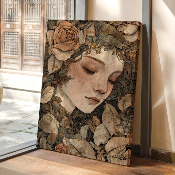 The Dreaming Woman With Roses Art Nouveau Floral Portrait Wall Art