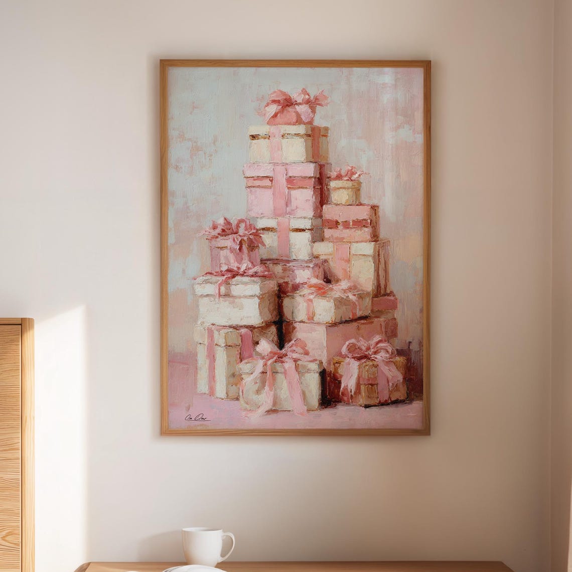 Stack of Pink Gift Boxes With Bows Pastel Holiday Present Art Print