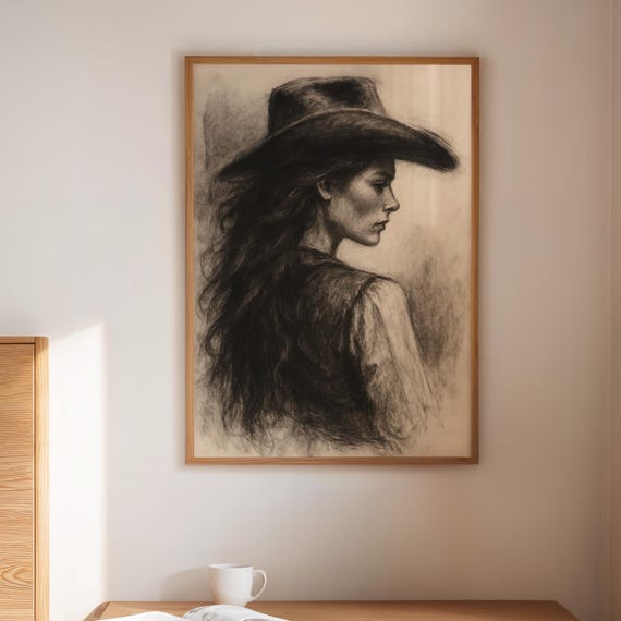 Cowgirl Charcoal Portrait Wall Art Western Woman Profile Sketch Canvas For Rustic Southwestern Home Decor