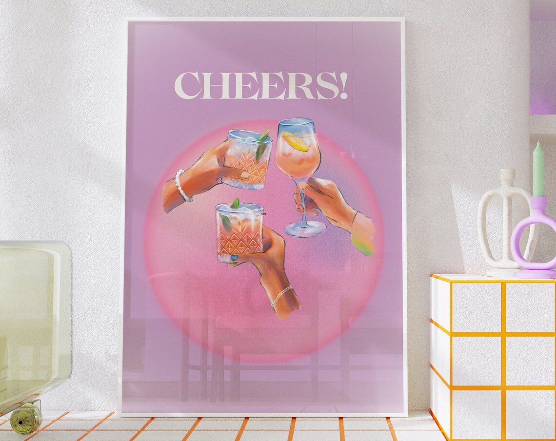 Cheers Cocktail Toast Illustration Purple Trendy Bar Cart Poster
