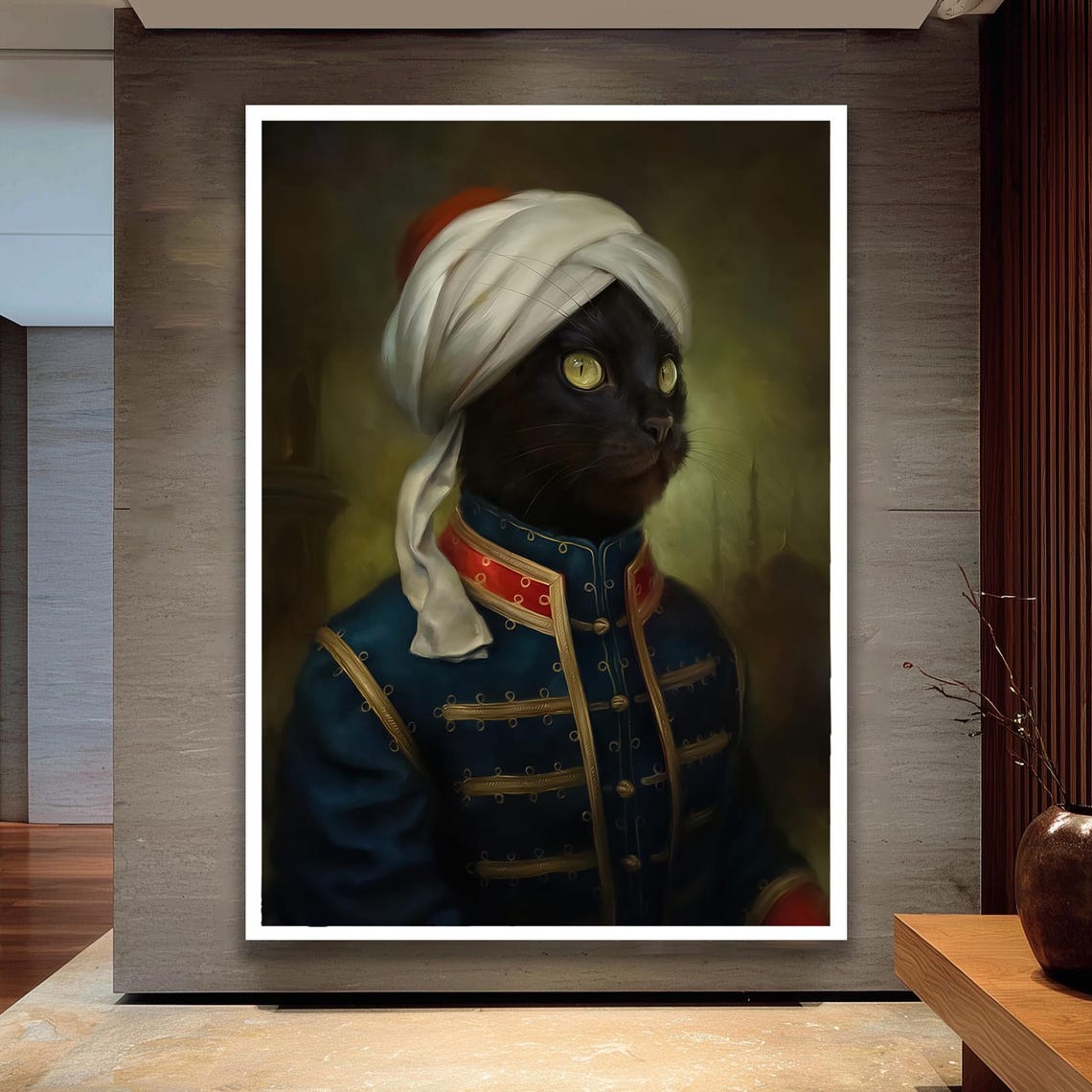 Black Cat Sultan Wearing Turban and Ornate Royal Uniform Poster