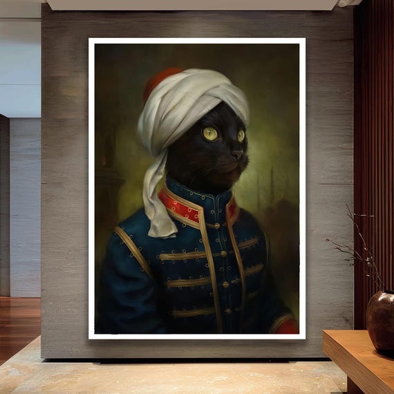 Black Cat Sultan Wearing Turban and Ornate Royal Uniform Poster