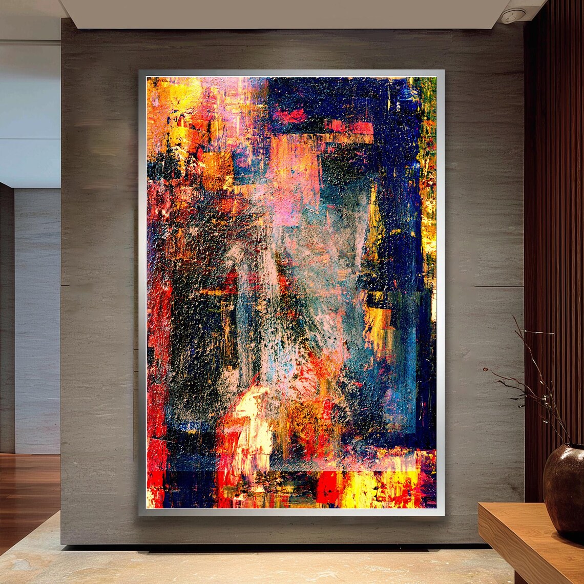 Bold Red Orange Blue Textured Abstract Oil Painting Canvas Poster