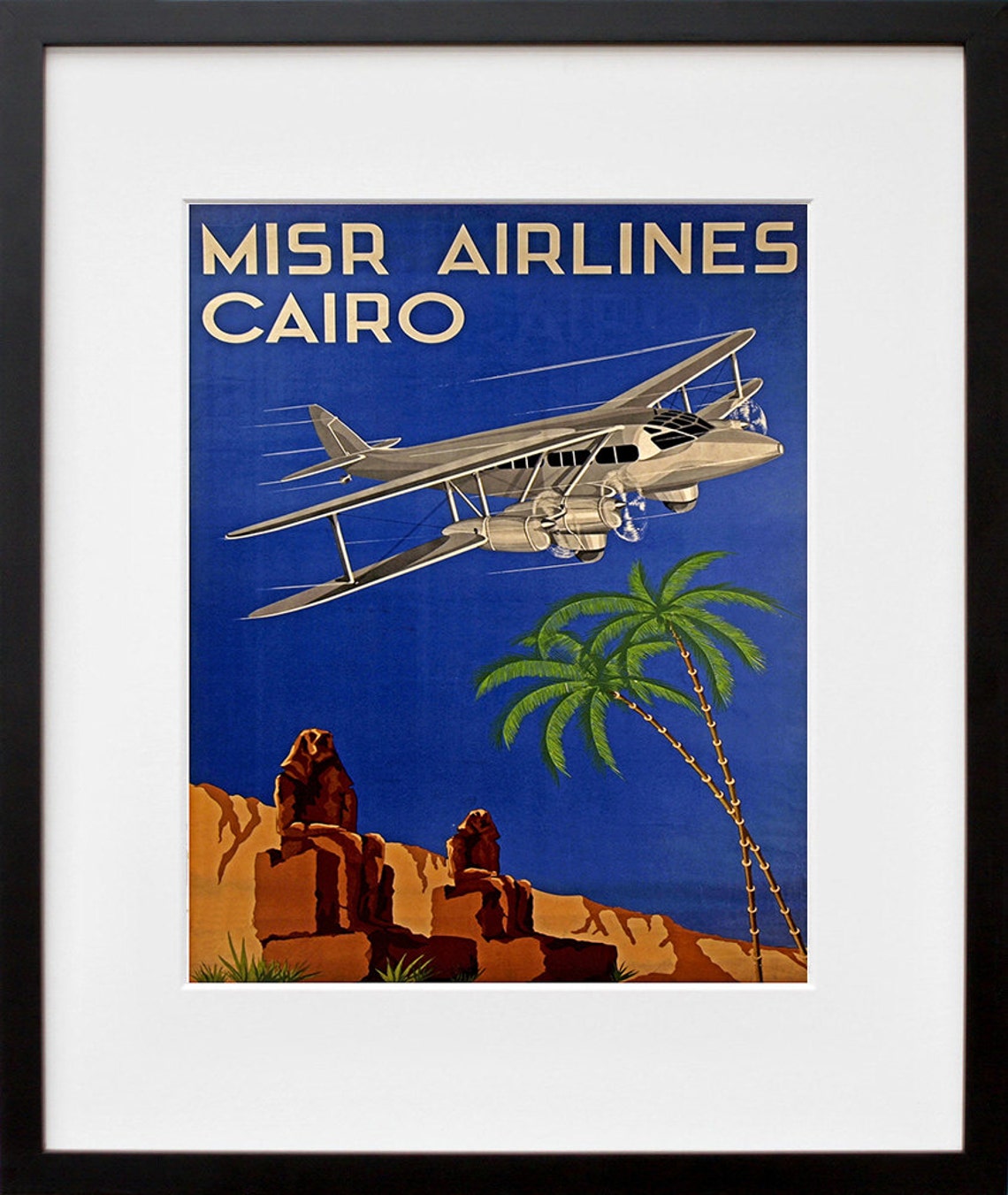 Misr Airlines Cairo Biplane Sphinx Desert Retro Egyptian Poster