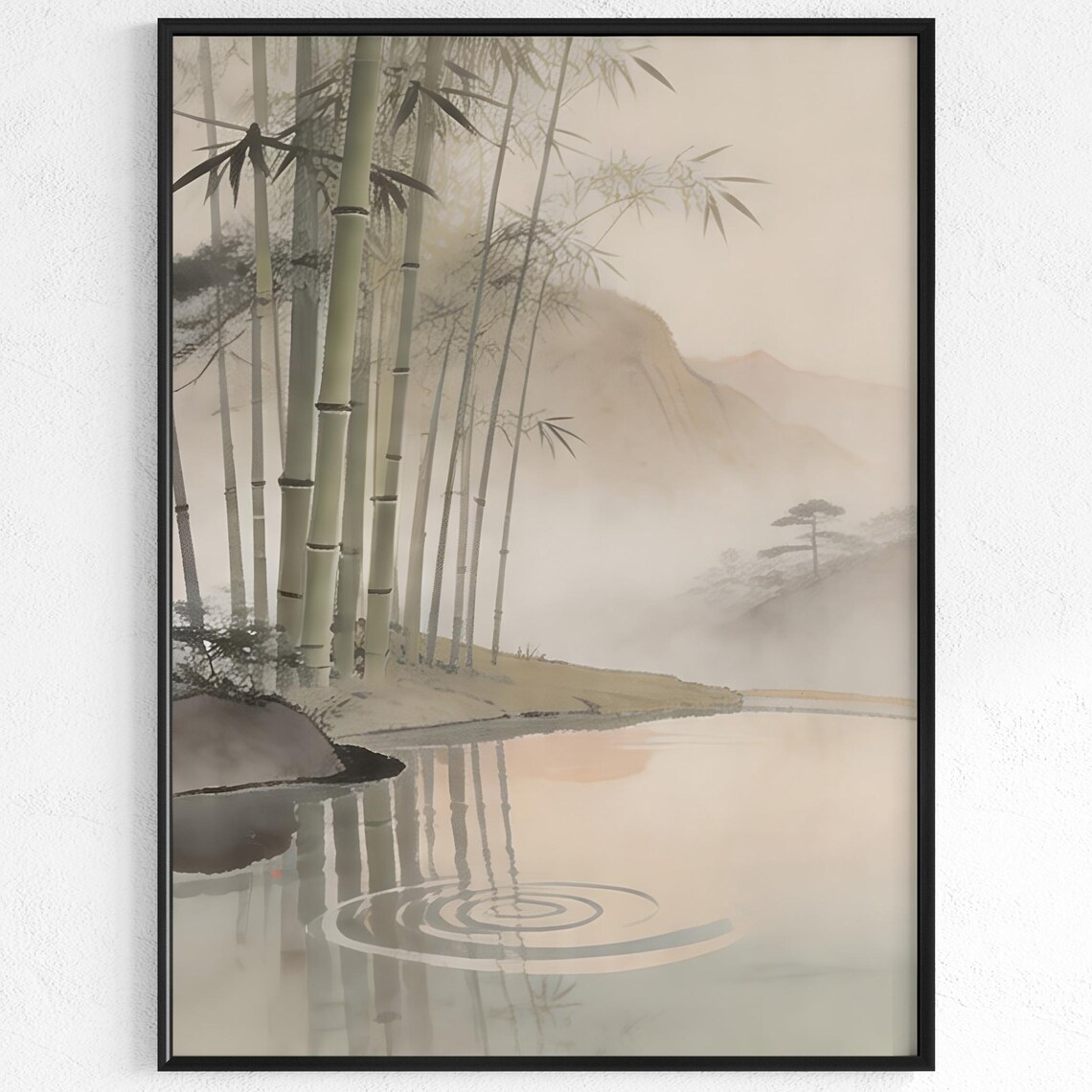 Misty Bamboo Forest Lakeside Poster Japanese Ink Style Serene Nature Art