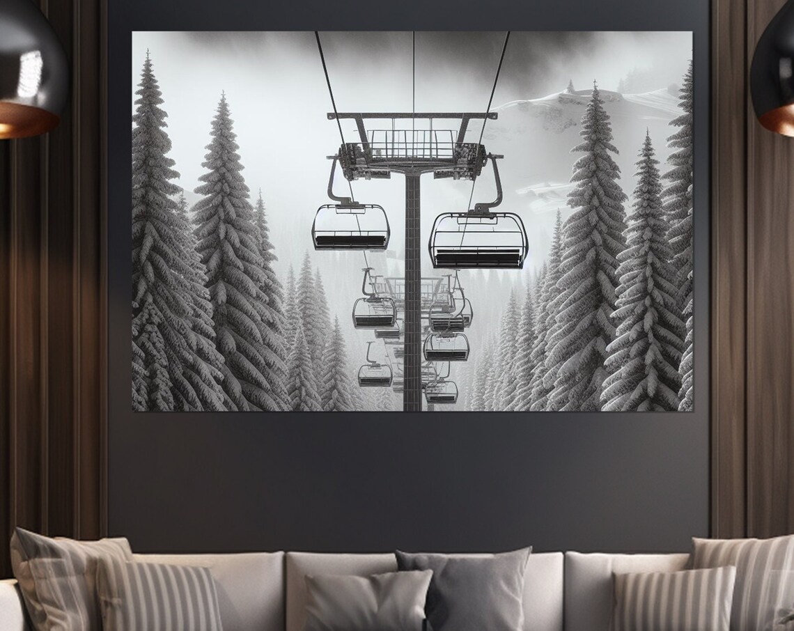 Ski Lift Winter Cable Car Art Print, Scenic Poster