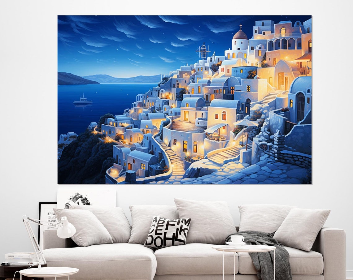 Santorini Greece Oia White Village Night Lights Blue Dome Poster