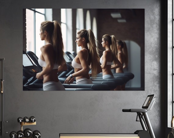 Fitness Wall Art Gym Wall Decor Sexy Female Athletes Running On Treadmills Print Running Art Framed And Ready To Hang