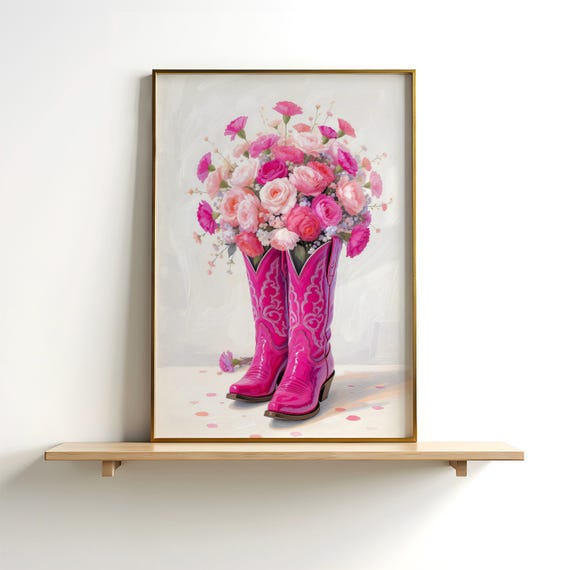 Pink Cowgirl Boots Floral Print Western Nursery Art