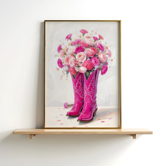 Pink Cowgirl Boots Pink Roses Western Floral Girls Room Poster