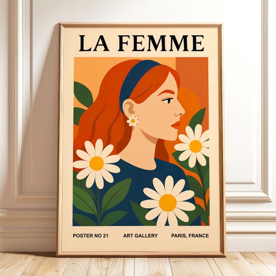 La Femme Decor Modern Floral Woman Wall Art Orange Green Abstract Flower Face Fashion Illustration Feminine