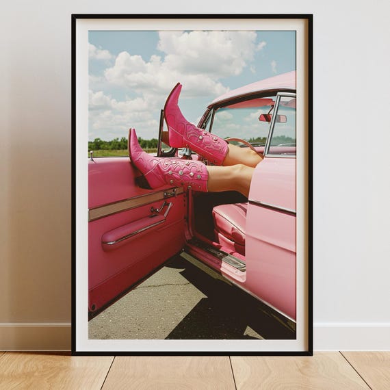 Cowgirl Boots In Classic Pink Car Print Cowboy Like Me Poster Trendy Fashion Wall Art Hypebeast Room Decor