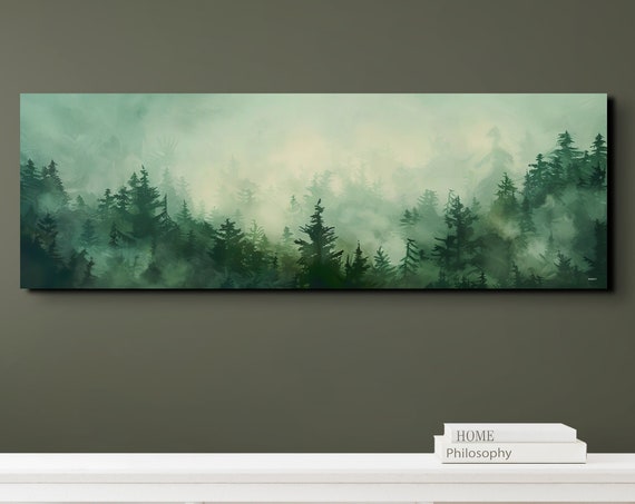 Morning Fog Over A Mountain Forest Panoramic Print Foggy Pine Tree Landscape Framed Wall Art Misty Mountain Landscape Art