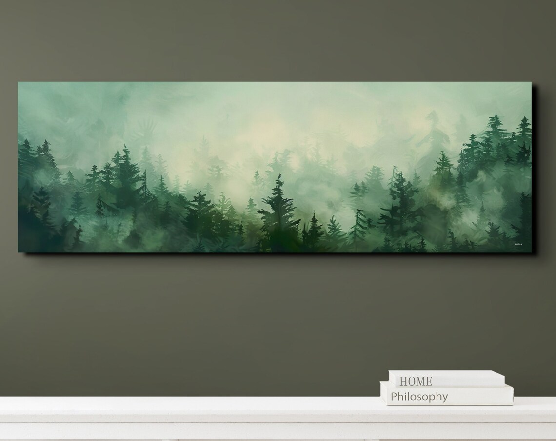 Misty Pine Forest Foggy Mountain Watercolor Panoramic Poster
