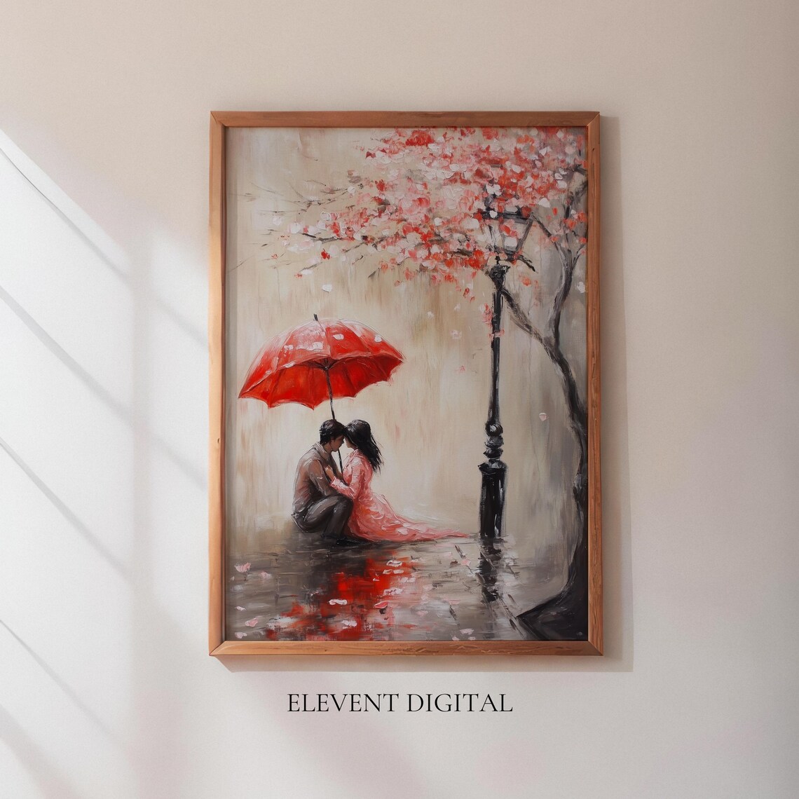 Romantic Couple Under Red Umbrella Blossom Painting Art Poster