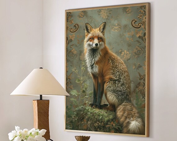 Red Fox Botanical Oil Painting Vintage Rustic Wildlife Poster
