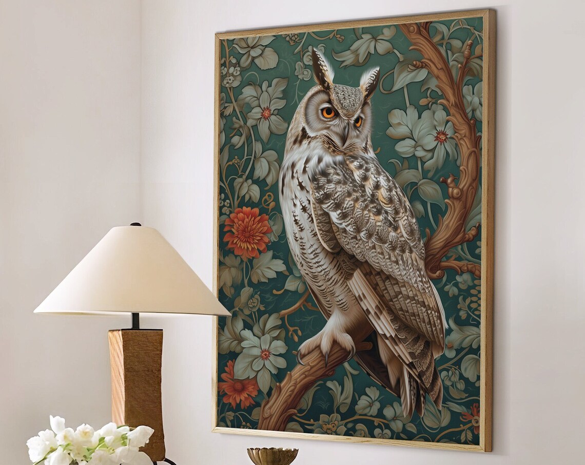 Moody Great Horned Owl Perched In Dark Green Floral Forest Poster