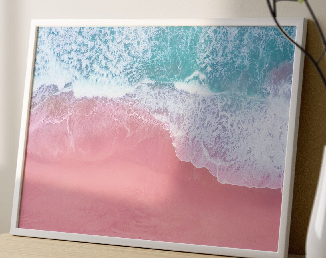 Pink Beach Coastal Wall Art Print, Summer Decor