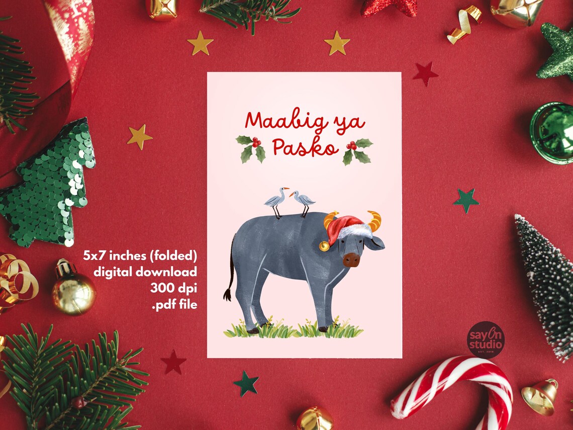 Maayong Pasko Filipino Christmas Card Carabao Santa Hat Holiday Print - Image 2