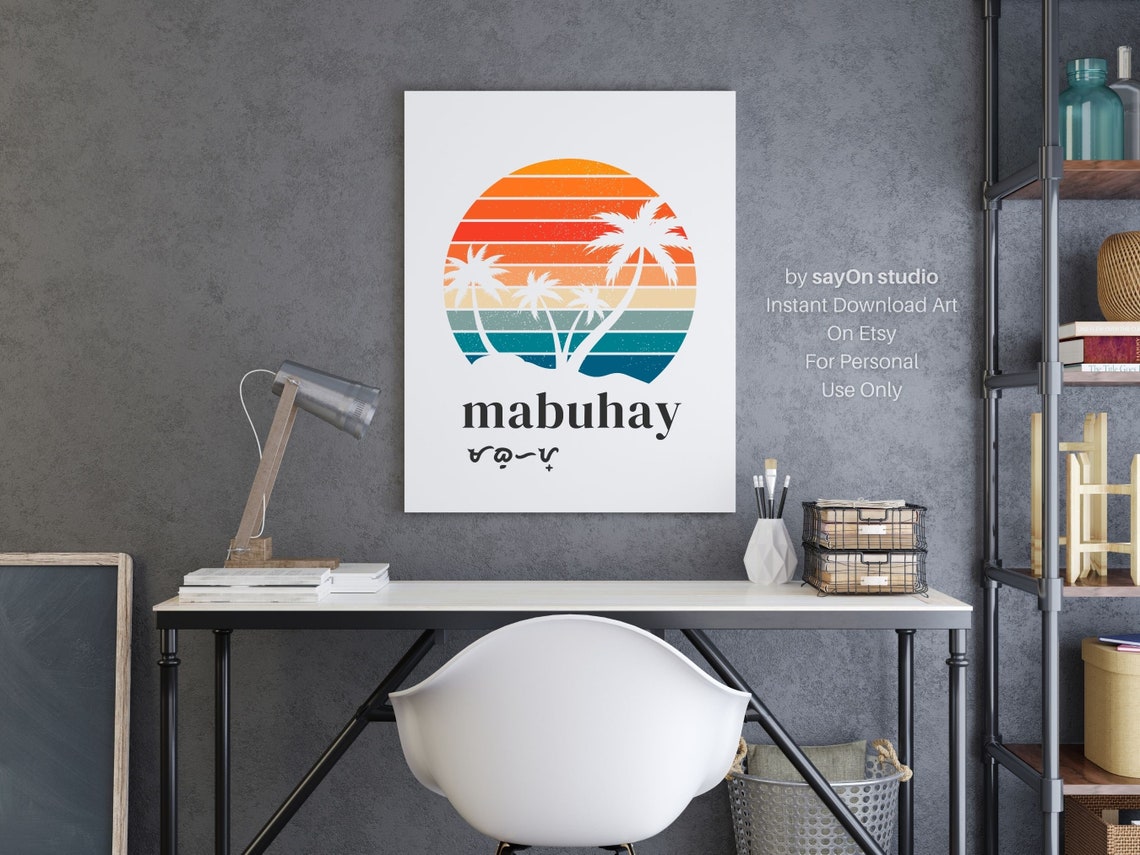 Filipino Mabuhay Greeting Retro Sunset Palms Tropical Culture Poster - Image 2