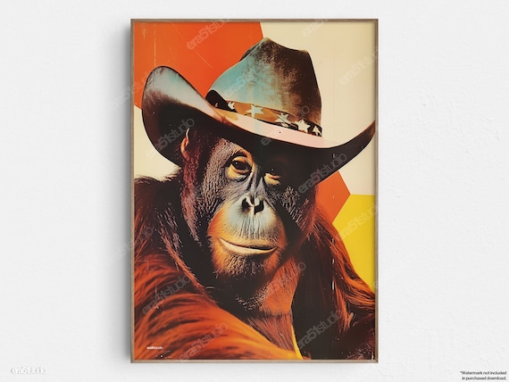 Funny Orangutan Wearing Cowboy Hat Retro Western Pop Art Poster