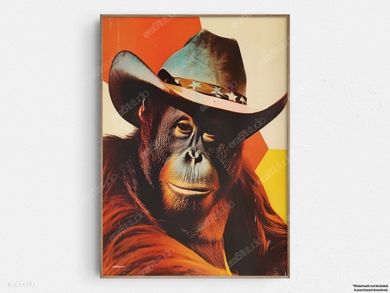 Wise Orangutan With Cowboy Hat Original Midcentury Modern Minimalist Wall Art