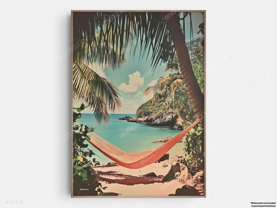 Tropical Hammock Between Palm Trees Retro Beach Scene Wall Art