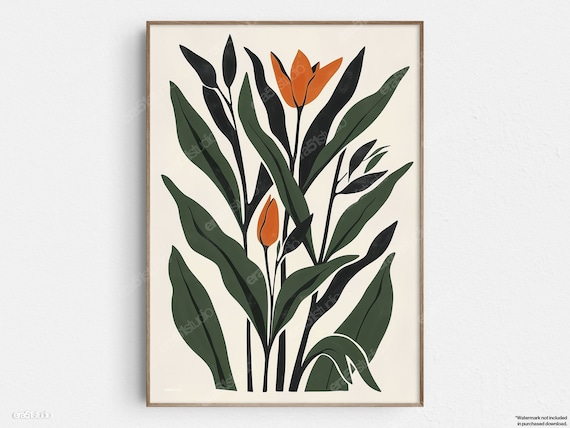 Minimalist Tulip Flowers Orange Bloom Dark Green Leaves Art Poster