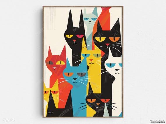 Retro Cats Original Midcentury Modern Minimalist Wall Art