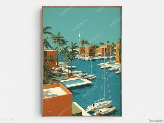 Tropical Resort Marina Sailboats Teal Retro Style Travel Poster