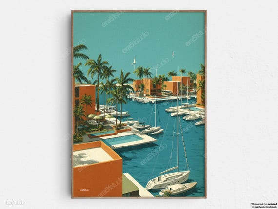 Tropical Resort Marina View Original Midcentury Modern Minimalist Wall Art