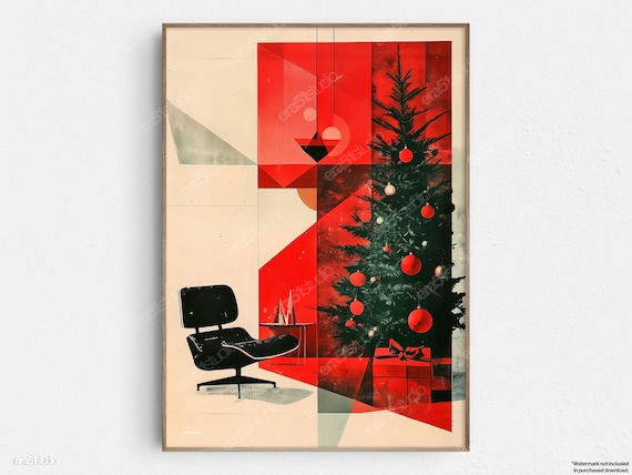 Midcentury Christmas Lounge Chair Tree Red Geometric Wall Art