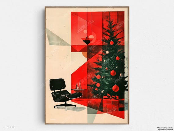 Midcentury Christmas Scene Original Modern Minimalist Wall Art