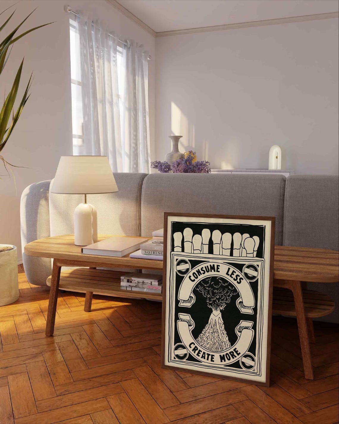 Consume Less Create More Retro Matchbox Volcano Black Ink Poster - Image 2