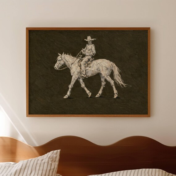 Minimal Abstract Horse Rider Khaki Oil Painting Print Horizontal Contemporary Wall Art Hand Drawn Modern Figurative Western Cowboy Poster