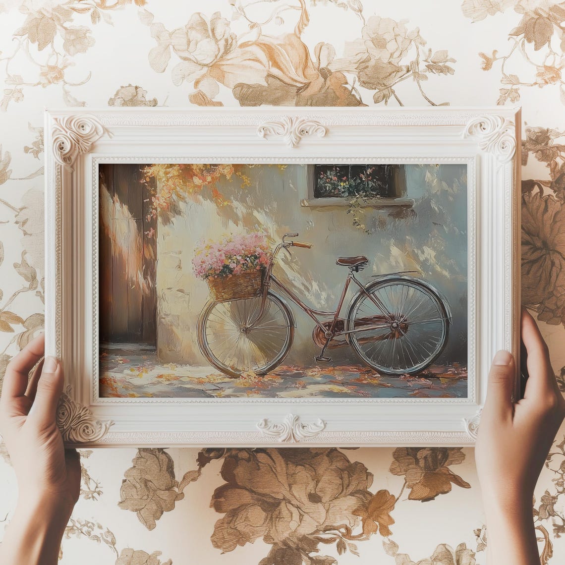 Vintage Bicycle Flower Basket Painterly Impressionist Wall Art