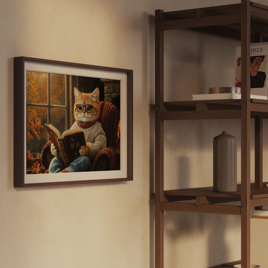 Ginger Cat Reading Book Cozy Autumn Fireplace Scene Art Poster - Image 2