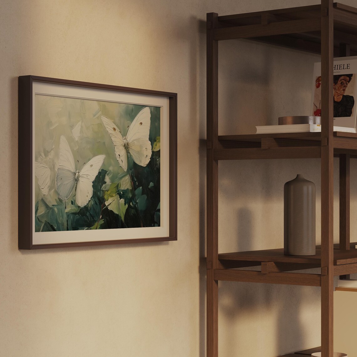 White Butterflies Over Green Foliage Soft Oil Painting Nature Poster - Image 2