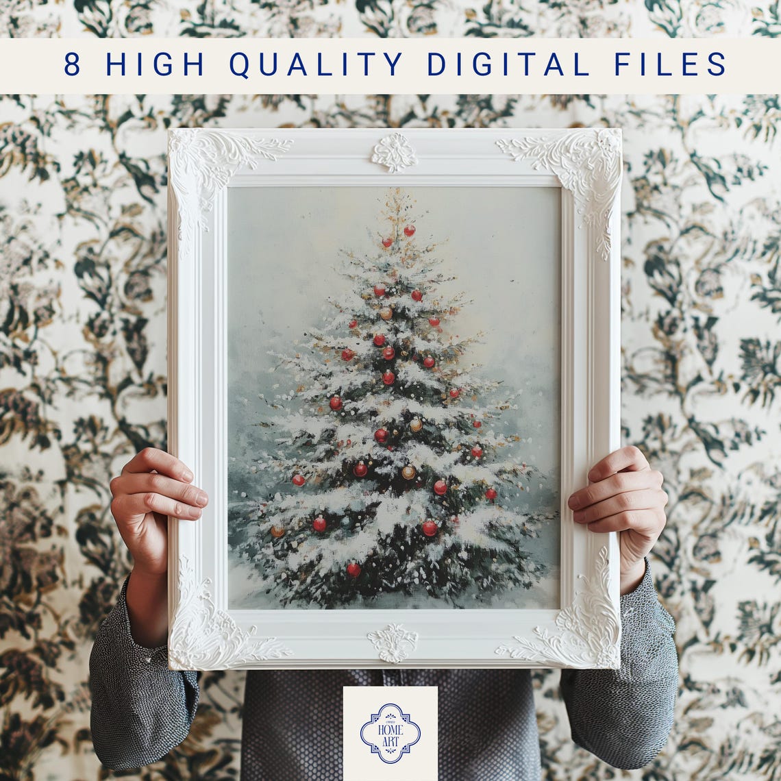 Snow Covered Christmas Tree Red Gold Ornaments Painterly Poster - Image 3