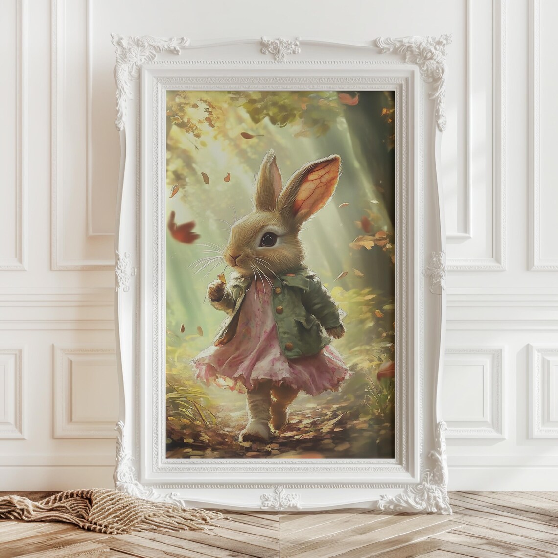 Bunny Girl in Pink Dress Strolling Through Autumn Forest Art Print