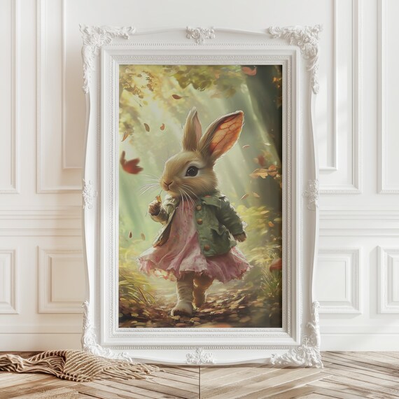 Bunny Girl in Pink Dress Strolling Through Autumn Forest Art Print